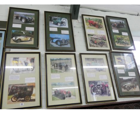Twelve framed pictures of old vintage cars 