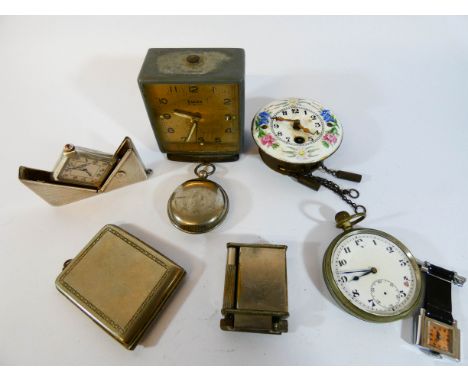 An Eclipse folding Art Deco pocket watch along with fob watches, pocket watches, lighters, sovereign case etc 