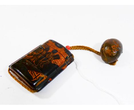 A Japanese lacquer four case inro, case decorated with stylised figurines with toggle, carved nut Netsuke and coral bead, the