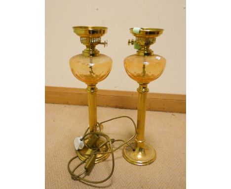 A pair of Victorian style Corinthian column oil lamp style table lamps with amber glass bowls, 20" high 