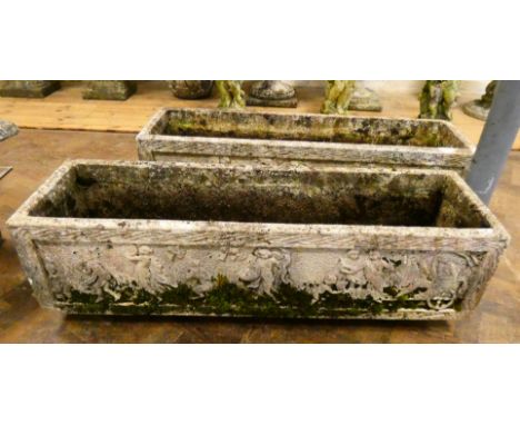 A medium rectangular reconstituted stone weathered garden trough decorated with peacocks and foliage, 36" long, 11" wide  