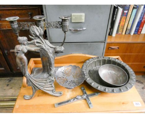 A plated candelabra, Art Nouveau photo frame, metal dishes, crucifix etc 