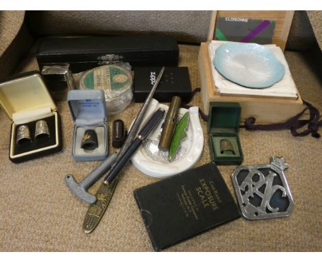 A Cloisonne plate in a wooden box, vintage car tax plates, pocket lighters, an RAC badge etc 
