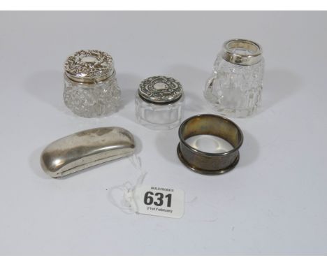 Silver snuff box, two silver topped dressing table jars, napkin ring etc