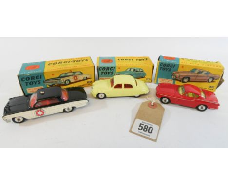 Three boxed toy cars by Corgi to include the Oldsmobile Sheriffs car Model number 237, the Jaguar Saloon Model number 208S an