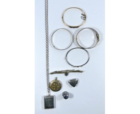 Gold plated ladies hinged bangle, three more silver bangles, silver pill  boxes and other items,.