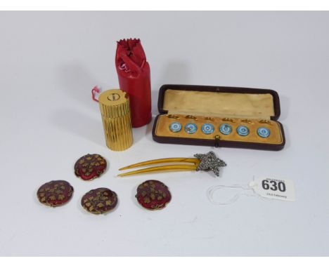 A cased set of enamel and silver shirt studs, marcasite hair jewel, three enamel buttons and an Italian nutmeg grater.