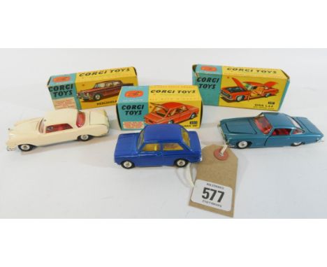 Three boxed toy cars by Corgi to include the Mercedes Benz Model number 230, Hillman Imp Model number 251 and Ghia Model numb