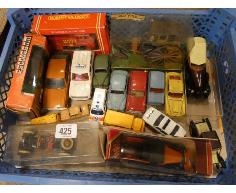 A collection of played Corgi, Triang, Dinky and yesteryear type vehicles, come boxed and some in an used condition 