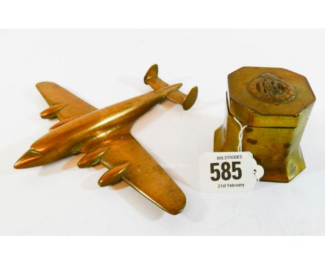 A piece of First World War trench art in the form of an inkwell mounted with the badge of the Royal Flying Corp together a fo