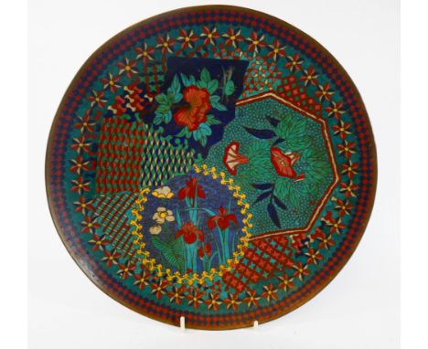 Cloisonne charger plate decorated with flowers in an Art Nouveau style with character marks to reverse, diameter 30cms    No 