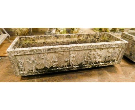 A large reconstituted stone weathered garden trough decorated in relief with classical scenes each trough measures 48" long, 