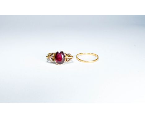 Ladies garnet dress ring, unmarked yellow metal art nouveau setting, ring size Q, together with a cut shank 22 ct gold weddin