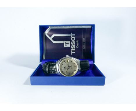 Gents vintage Tissot Seastar quartz calibre 2030 wristwatch, stainless steel case and black leather strap, with box and paper