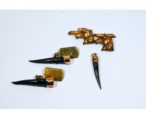 Pair of 9ct gold vintage cufflinks set with horn and a pair of French eagle head gilt metal cufflinks marked 'FIX'