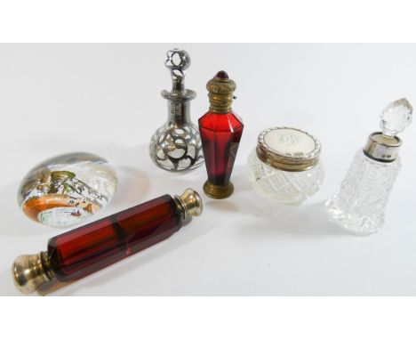 A collection of scent bottles - to include double ended ruby glass example, and a glass paperweight depicting Shanklin Isle o