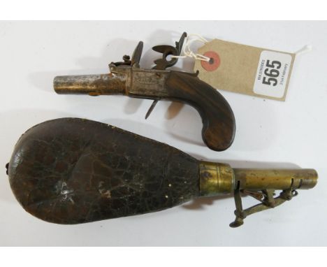 A mid-19th century box lock flint lock pistol by Barther of Newark, overall length 13cms, together with an old brass and leat