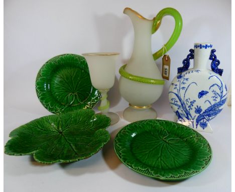 Opaque glass ewer with coiled snake handle, similar decanter blue and white Trentham moon flask, Wedgwood leaf plates etc and