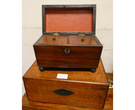 Victorian sarcophagus shaped mahogany tea caddy and a yew wood trinket box 