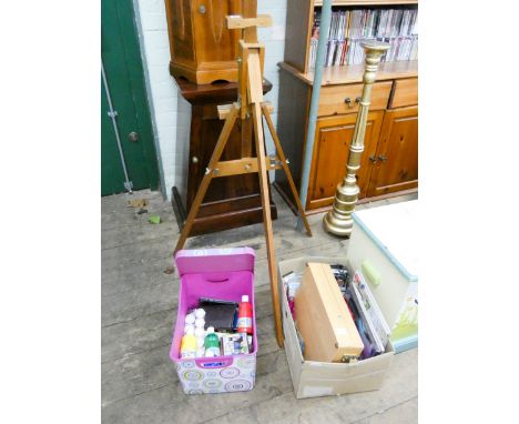 Artists wooden easel, various paints and accessories