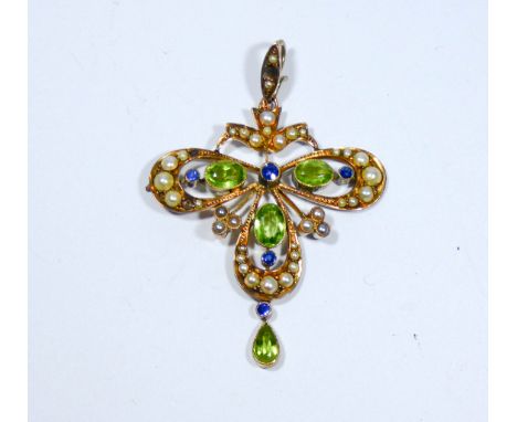 Art Nouveau pendant, set with peridots, seed pearls and sapphires, unmarked yellow metal, total length 5.5 cms long, 4 cms wi