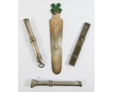 Sampson &amp; Mordan silver bookmark, the end decorated with green enamel Irish shamrock, together with three Victorian penci