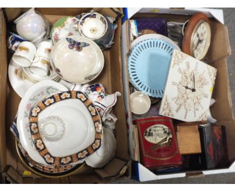 TWO TRAYS OF CERAMICS AND COLLECTABLES TO INCLUDE MODERN WALL CLOCKS, TRINKET BOXES AND  A FRAMED AND GLAZED LIMITED EDITION 