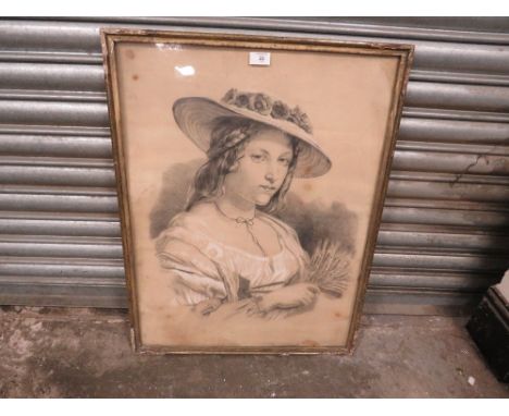 AN ANTIQUE FRAMED AND GLAZED PENCIL PORTRAIT STUDY OF A LADY - OVERALL SIZE 72CM X 55CM