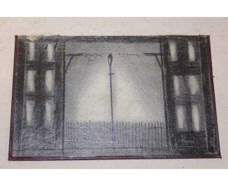 AFTER LAWRENCE STEPHEN LOWRY - A PENCIL DRAWING ON CARD STUDY OF A STREET LAMP BEFORE RAILINGS - SIZE 24CM X 15CM