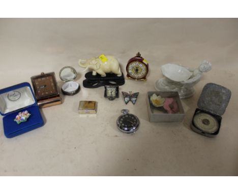 A BOX OF COLLECTABLES TO INCLUDE A HARMAN ALARM POCKET WATCH WITH BLACK DIAL (GLASS CRACKED), JAEGER ALARM CLOCK, ROYAL WORCE