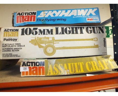 THREE BOXED PALITOY ACTION MAN ACCESSORIES TO INCLUDE A 105MM LIGHT GUN, SKYHAWK ETC.