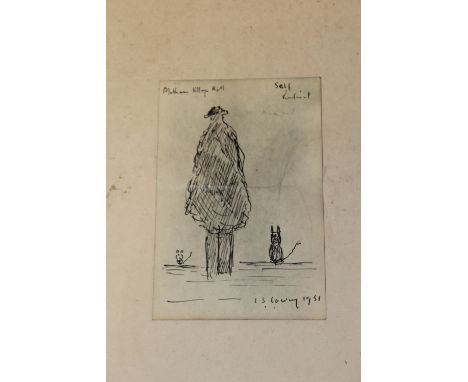 AFTER L S LOWRY - AN UNFRAMED SKETCH OF A FIGURE AND CATS - SIZE 15.5CM X 10CM