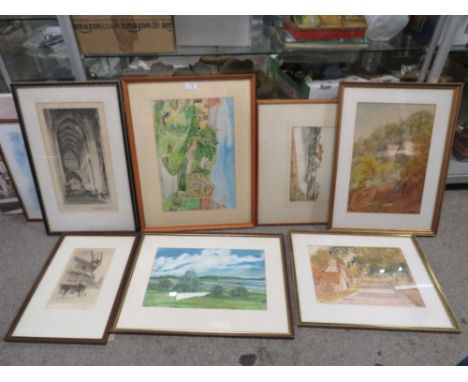 A COLLECTION OF ASSORTED WATERCOLOURS OF BUILDINGS BY H L BROWNING, E. HALLIS, T.C HISLOP ETC. TOGETHER WITH A SIGNED ETCHING