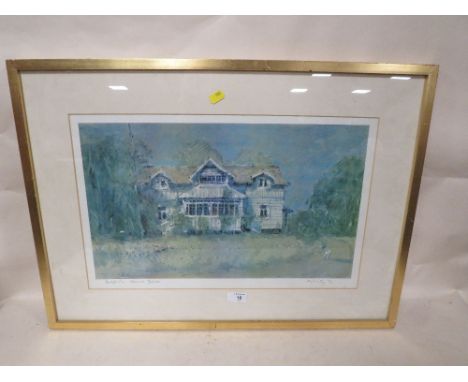 A GILT FRAMED AND GLAZED SIGNED LIMITED EDITION PRINT ENTITLED 'SWEDISH HOUSE' NUMBER 9 OF 500 BY HAROLD RILEY