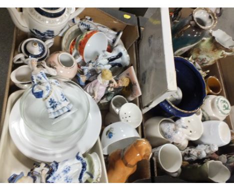TWO TRAYS OF ASSORTED CERAMICS TO INCLUDE FIGURES, NIKKO COFFEE SERVICE, GOEBEL CUP AND SAUCER ETC.