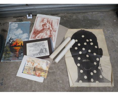 A COLLECTION OF UNFRAMED PICTURES TO INCLUDE WATERCOLOURS, ABSTRACT SCREAM PRINT BY VICTOR KAIFAS ETC