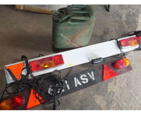 A VINTAGE JERRY CAN, TAIL LIGHT PANELS, COMPRESSOR ETC