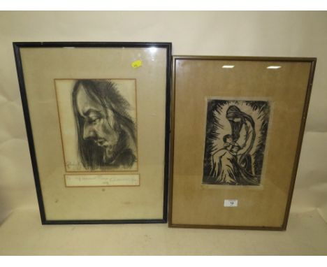 A SIGNED RELIGIOUS INTEREST PRINT OF MADONA &amp; CHILD TOGETHER WITH A CHARCOAL P[PROFILE STUDY OF A MAN SIGNED LOWER LEFT (