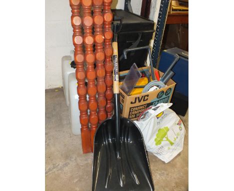A MIXTURE OF ITEMS TO INCLUDE TWO FISHING BOXES, TWO LARGE CONTAINERS, PIPE FITTINGS, SNOW SHOVEL ETC