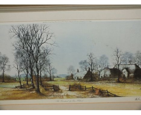 A LARGE SIGNED FRAMED AND GLAZED LIMITED EDITION PRINT ENTITLED 'THE FARMLAND' BY RON FOLLAND SIGNED LOWER RIGHT