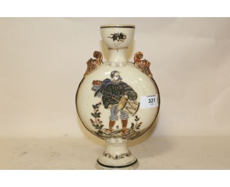 A VINTAGE CERAMIC TUBE LINED MOON FLASK WITH FIGURAL DETAIL, H 25 CM