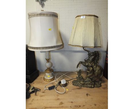 A VINTAGE BRASS HOUSE TAMER LAMP TOGETHER WITH AN ALABASTER EXAMPLE