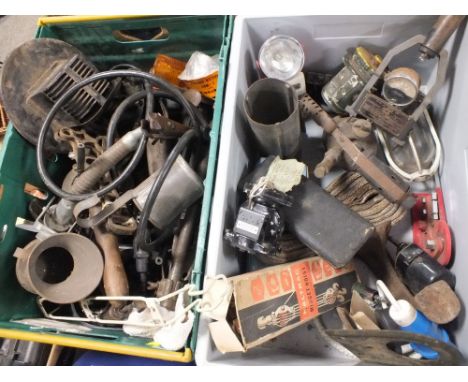 TWO BOXES OF VINTAGE METALWARE AND MILITARY COLLECTABLES TO INCLUDE A BLOW LAMP, HIGH-LOW TESTER ETC.