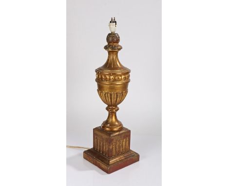 Gilt wood lamp, in the form of an urn above a thumb moulded base, 53cm high