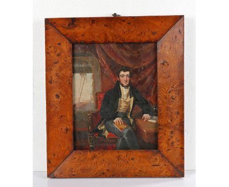 William Havell (1782-1857) Portrait with a gentleman in India, seated at a table with a window open, oil on copper panel, hou