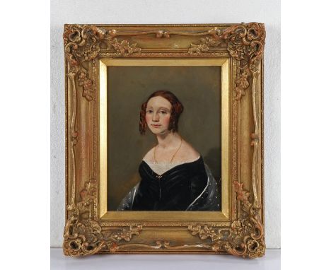 19th Century British school, Portrait of a young lady in a black dress with lace trim, 19cm x 23cm excluding frame, housed wi