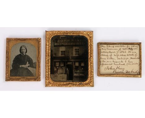 A charming Ambrotype, of John King Machine Printers shop front and an image of a lady, together with a framed note stating 'T