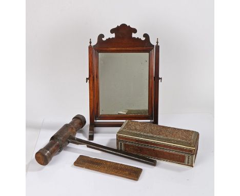 A collection of objects, to include a 19th century Indian box, a toilet mirror, a hammer and a cribbage board, (4)