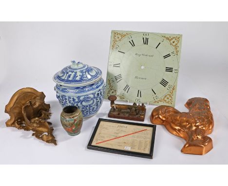 Collection of objects, to include a clock dial, a Chinese porcelain pot and cover, a gilt bracket, a mould, a Persian vase, m