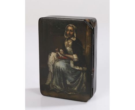 19th Century papier mache snuff box, the lid decorated with a seated lady working on her needlework, the interior with a crow